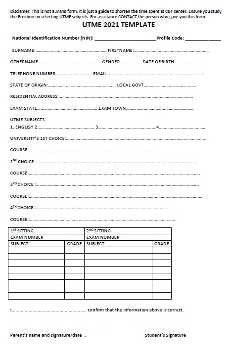 JAMB UTME 2021 Template